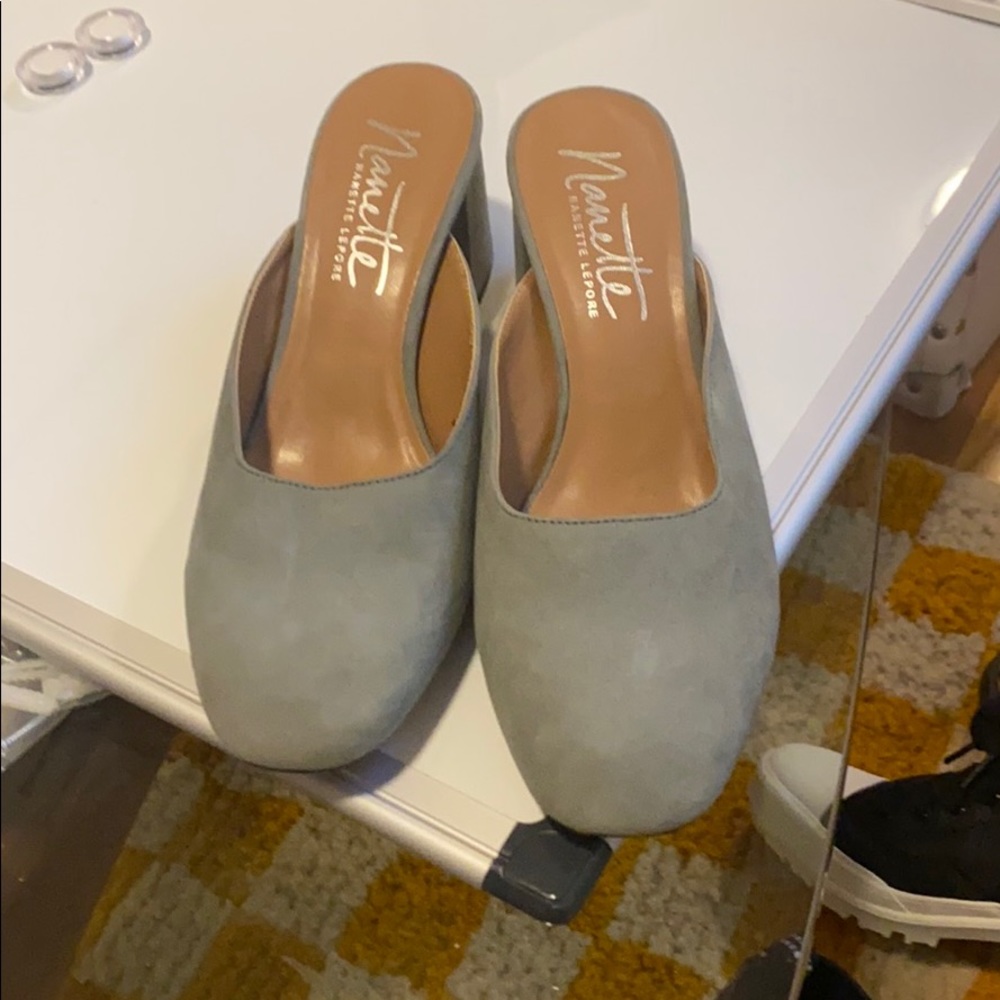 Grey suede heeled mules